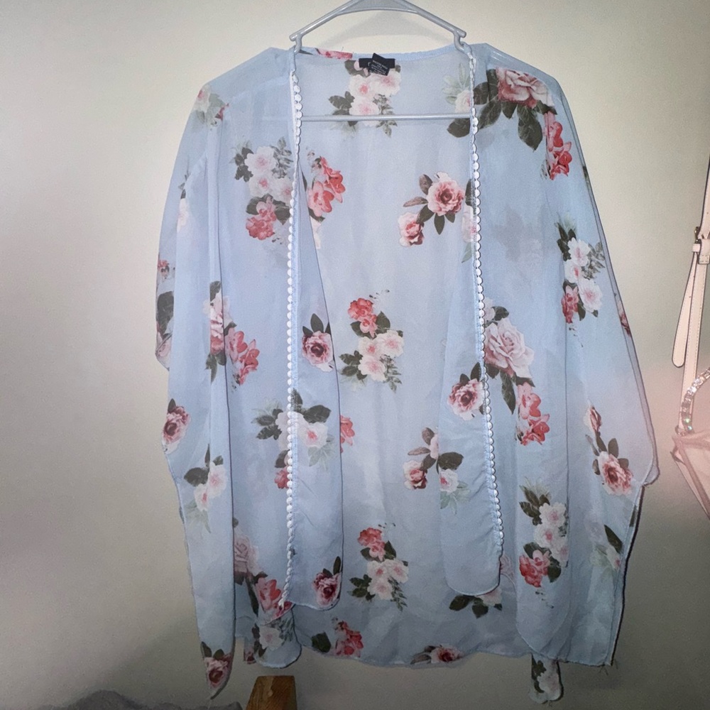 Light Blue Kimono With Light Pink Flowers
